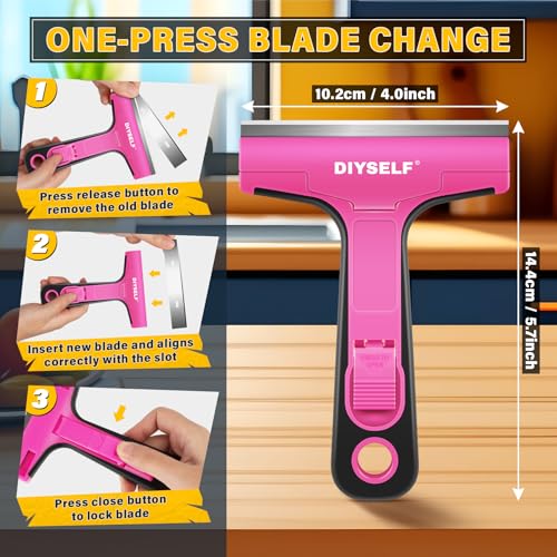 Window Scraper with 10 Extra 4" Razor Blades (10PCS Metal Blades / Pink)
