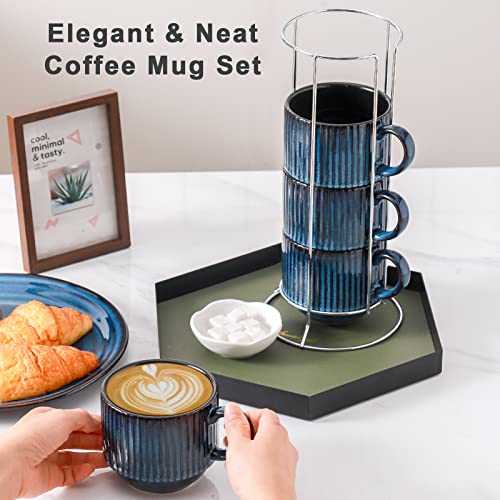 15 Oz Ribbed Stackable Coffee Mug Set of 4 (Navy / 15 Ounces)