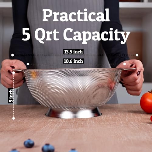 PriorityChef Premium 5Qrt Stainless Steel Colander for Kitchen (5 Qrt)