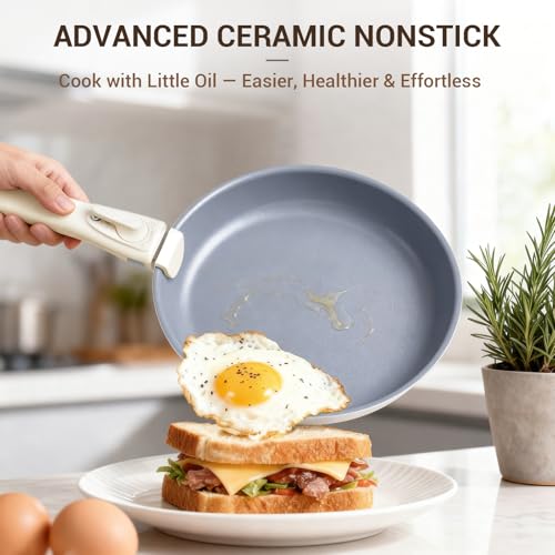 18 Piece Ceramic Pots and Pans Set Non Stick (Cream White)