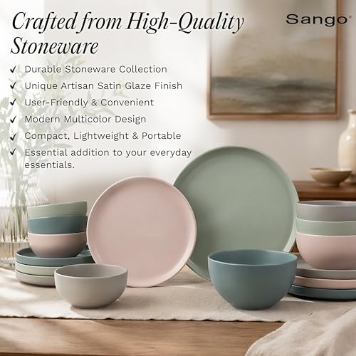 16 Piece Stoneware Dinnerware Set for 4 (Green/Sand/White / 16-Piece Set)