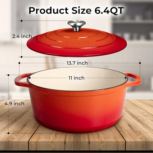 6 Quart Enameled Cast Iron Dutch Oven Pot with Lid (Orange / 6.4 Quart)