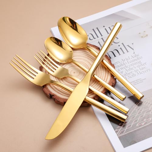 Mirror Silverware Set Gold Flatware Set with Hexagon Handle 20 Pieces 18 (Gold Mirror)
