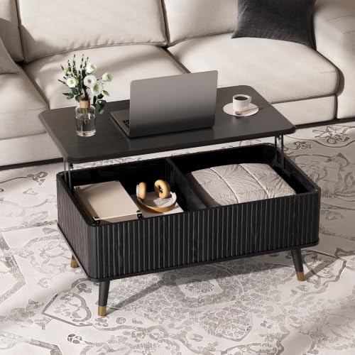 Black Lift Top Coffee Table with Storage for Living Room (Solid Black)