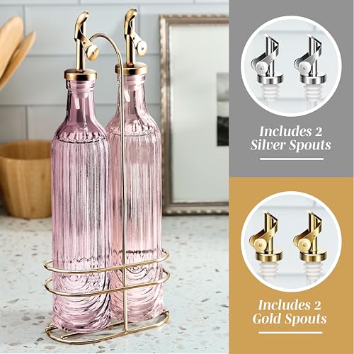 Glass Olive Oil Bottle Dispenser (Elegant Fluted / Pink)