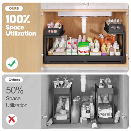 1 Pack-19"-32"W Expandable Under Sink Organizer With Upgrade Ball-Bearing Slide,2-Tier Pull Out Under Cabinet Organizer Height Adjustable,Not Suitable For Cabinets With Partitions In The Middle (1 Pack-19"-32"W / Black)