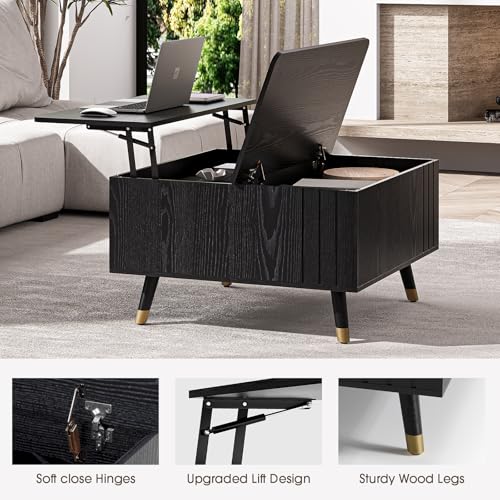 Square Lift Top Coffee Table with Storage for Living Room (Smooth Black)
