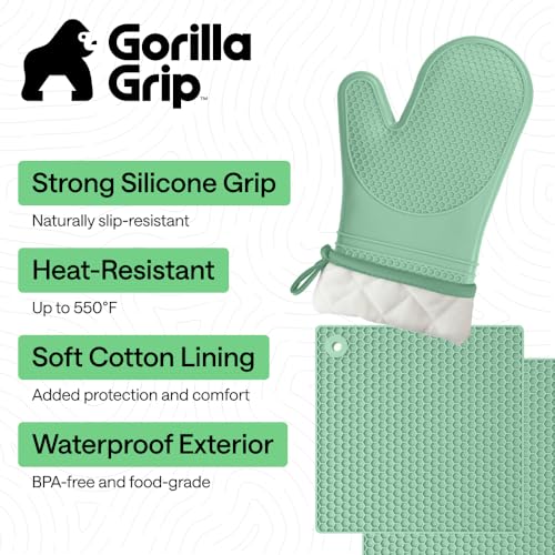 BPA Free Silicone Oven Mitts and Pot Holders Set (Mint / 12.5" Oven Mitts + 7" Trivets)