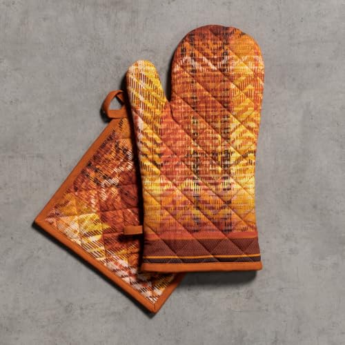 100% Cotton Oven Mitt & Pot Holder Set (061 - Thanksgiving Tartan / 7.5" x 13" & 8" x 8" (Oven Mitt & Pot Holder))