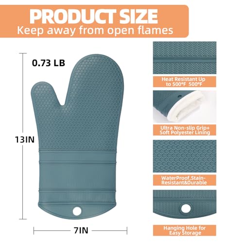 Silicone Oven Mitts (2PCS-13"L x 7"W/AGAVE-HONEYCOMB SURFACE)