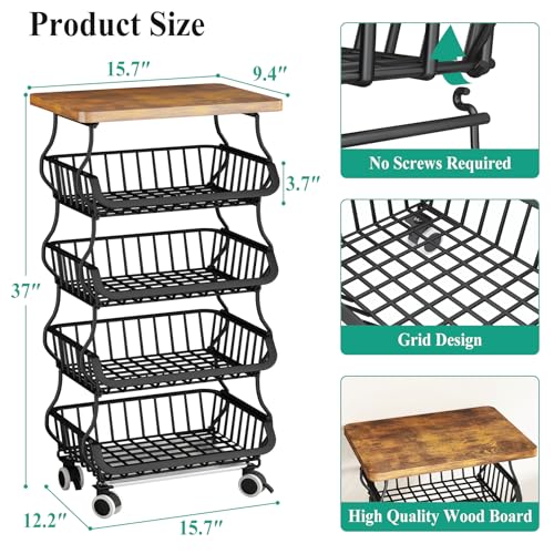5 Tier Fruit and Vegetable Basket Stand for Kitchen (Black / 5 Tiers)