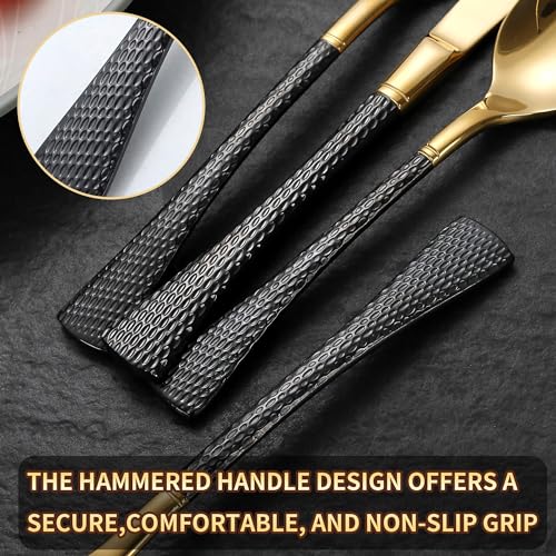Hammered Black Gold Silverware Set (Black/Gold / 20 Pieces Set)