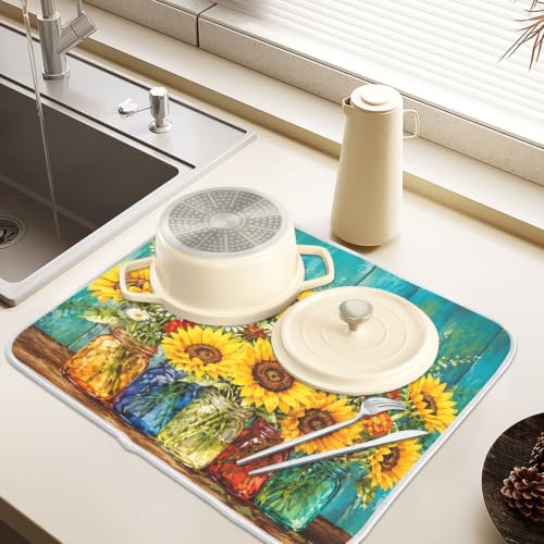 Spring Summer Floral Jar Dish Drying Mat for Kitchen Counter Absorbent Microfiber Small Drying Pad Dish mats for Kitchen Countertops 16 x 18 Inch (Spring Summer Floral Jar / 18" x 16")