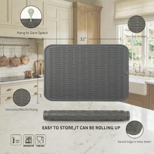 Silicone Dish Drying Mat for Multiple Usage (Gray / 32"L x 18"W)