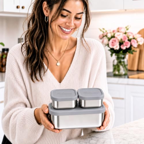 Flexibento 40 OZ Leak Proof Stainless Steel Lunch Box (Grey set of 3: 1*40OZ + 2 *9 OZ)