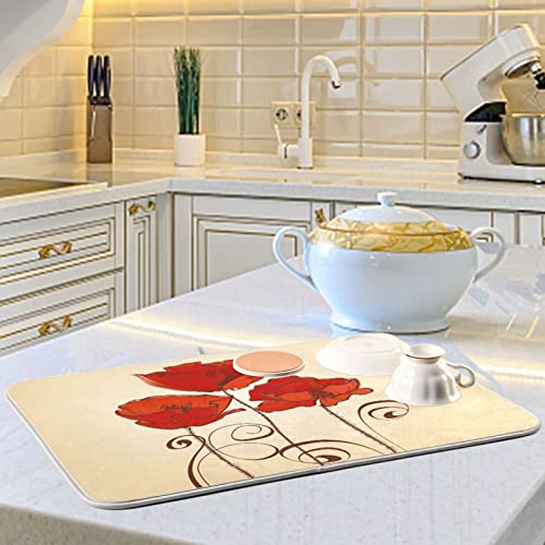 Super Absorbent Dish Drying Mat (Red Poppy Flowers Retro / 16" x 18")