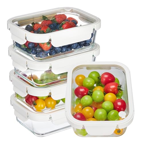 5 Pack Glass Food Storage Containers with Glass Lids & Air Vent (White / 35oz)