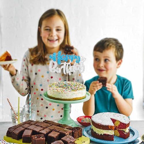 1Pcs Happy Birthday Cake Topper Glitter Happy Birthday Cake Pick for Winter Wonderland Baby Shower Theme Anniversary Party Decorations Supplies Blue Silver (Style 2 / Blue Silver)