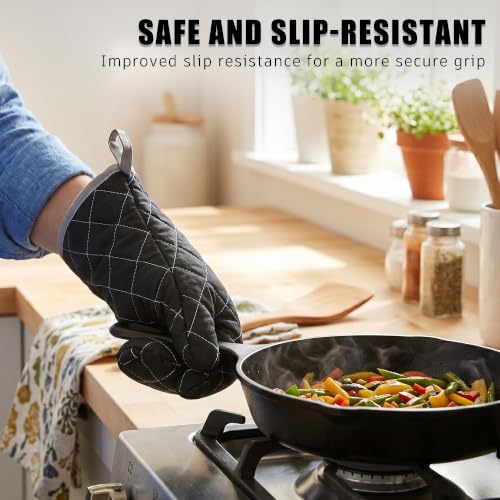 15" 482°F Terry Cloth Oven Mitts 100% Cotton Set of 2 (Black / 15 inch)