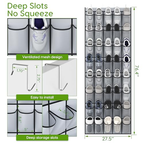 Over the Door Shoe Organizer with 40 Large Breathable Mesh Pockets (Grey / 40 Pockets)