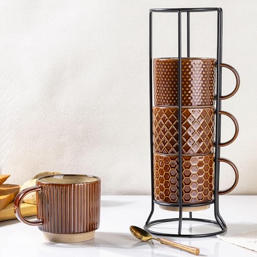 12 OZ Stackable Coffee Mugs Set of 4 (Caramel / 12oz (With Stand))