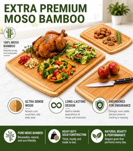 INDESTRUCTIBLE Extra Large Bamboo Cutting Board Set of 3 with Vertical Grain Strength Technology (Two-Tone)