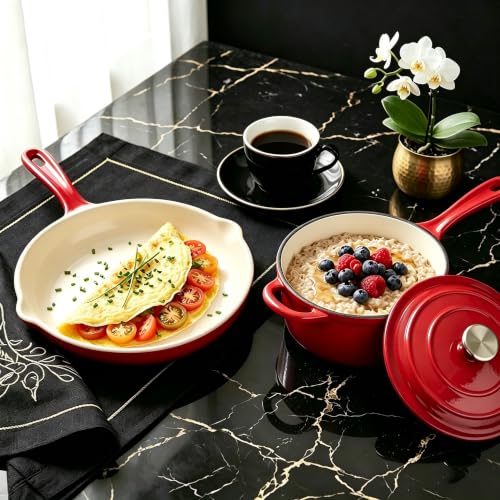 Nonstick Enameled Cast Iron Cookware Set (Red F)