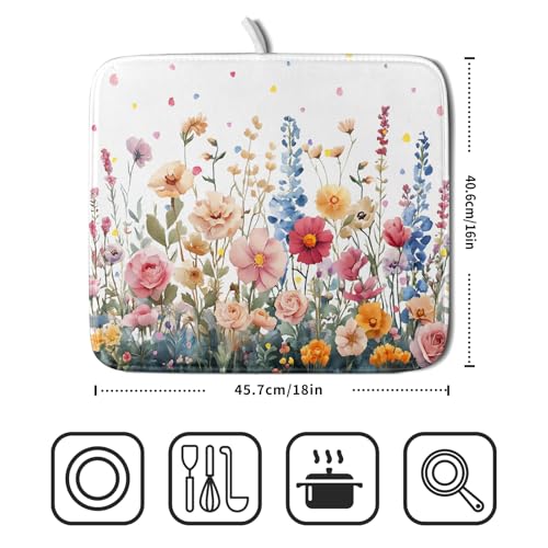 Colorful Flower Dish Drying Mat 16x18 Inch Botanical Floral Drainer Rack Mats Washable Absorbent Dish Dry Pad for Kitchen Counter Sink (Colorful Flower / 16" x 16")