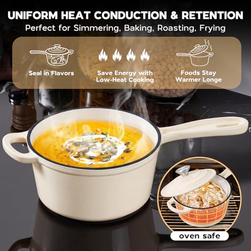 Enameled Cast Iron Saucepan Set (Cream White / 1+2 Quarts)