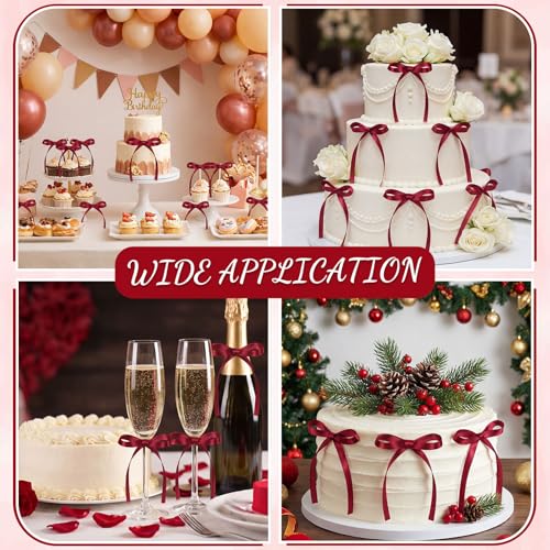 30 Pack Bow Cake Toppers Wine Red Ribbon Bows for Cake Back to School Decor (Wine Red)