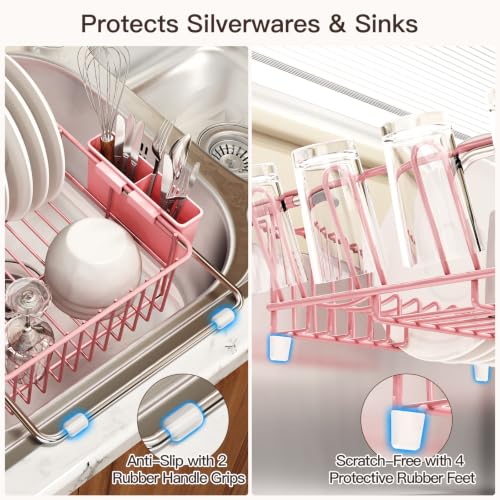 Pink Expandable Dish Drying Rack Over Sink with Anti (Pink / For 11.5"-16" W Sink with Cup Holder)