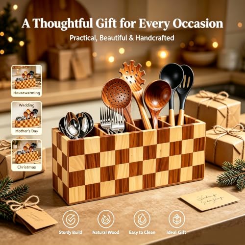 Large Kitchen Utensils Holder 4 Compartments with Checkered Design (Checkered / 4 Compartment)