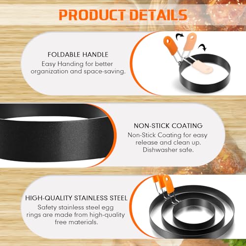 6 Pcs Egg Ring Pancake Ring Set Stainless Steel Fried Egg Molds Griddle Pancake Shapers with Silicone Handle for Breakfast Omelette Sandwich (Square, Round / 4 inches, 6 inches, 8 inches)