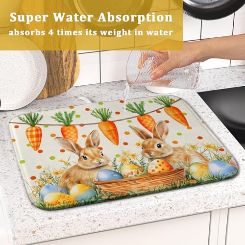 Easter Bunny Dish Drying Mat Eggs Carrot Dishes Drainer Pad Absorbent Reversible Dish Rack Mat Protector for Kitchen Countertop 16x18 Inch (Easter Bunny Carrot / 16" x 18")