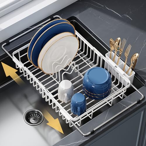 White Dish Drying Rack Over the Sink with Utensil Holder (White / For 12.5"-30"w Sink, Expandable)