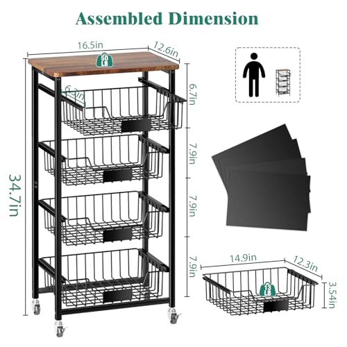 5 Tier Vegetable Fruit Basket Kitchen Storage Rolling Cart on Wheels with Pull (5 Tier / Black)