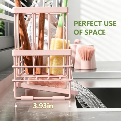 Pink Sink Caddy Sponge Holder for Kitchen with Brush Holder and Stainless Steel Self Drain Tray (8.26'' / Pink)