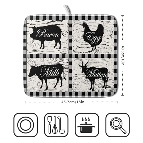Farmhouse Animal Dish Drying Mat Buffalo Plaid Drainer Rack Mats Fast Dry Absorbent Kitchen Countertop Protector Dishes Pad 16x18 Inch (farmhouse animal / 16" x 18")