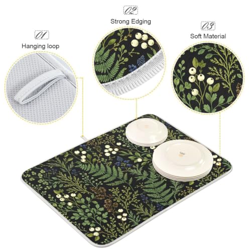 Sage Leaves Botanical Berry Plant Dish Drying Mat for Kitchen Counter Absorbent Microfiber Drying Pad (16" x 18")