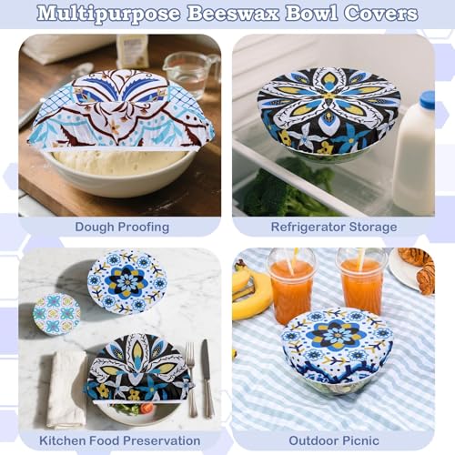 5Pcs Reusable Beeswax Elastic Bowl Covers for Bread Proofing and Food Cover (Moroccan Style)