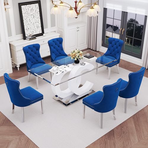 7 Piece Glass Dining Table Set for 6 (White Table & Silver Blue Chair / 7-Piece Set-OC-Shaped Table)