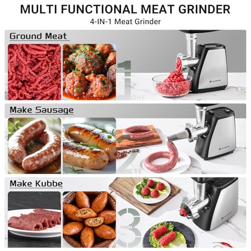 4 in 1 Electric Meat Grinder Heavy Duty & Sausage Stuffer 2800W Max (Stainless Steel+Black)