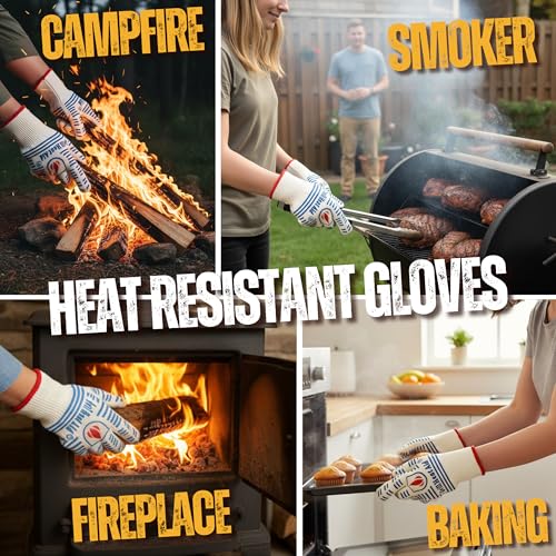 Grill Gloves Heat Proof for Men Grilling BBQ Heat Resistant Gloves (White & Blue / Short Cuff - Medium Palm)