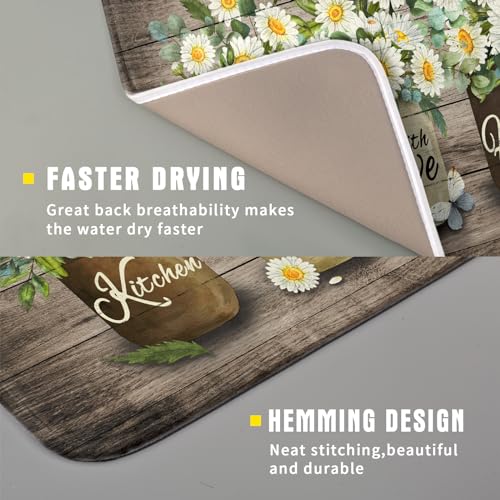 Flower Vase Dish Drying Mats 16x18 Inch Rustic Wood Reversible Microfiber Kitchen Countertop Protector Fast Dry Dish Drainer Rack Pad (flower vase wood / 16" x 18")