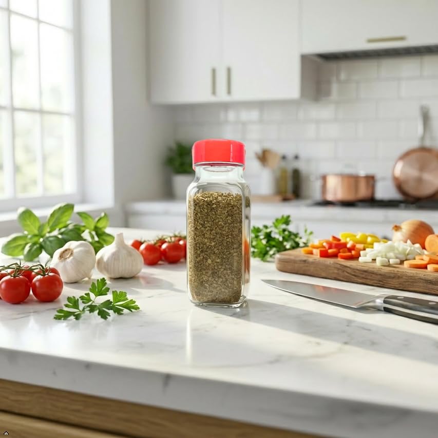 Glass Spice Jars with Shaker Lids (French Square 16oz Red Set of 2)