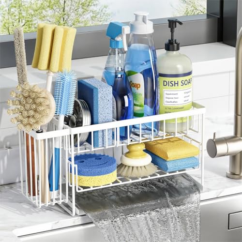 White 2 Tier Kitchen Sink Caddy Organzier Rack with Flexible Dish Brush Holder (White / Medium)