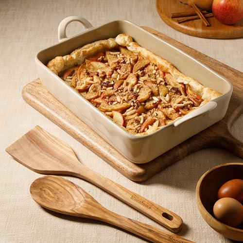 3-Piece 4.8-Quart 9 X 13 Ceramic Bakeware Set with Olive Wood Tools – Linen/Taupe Baking Dish with Handles, Oven Safe, Durable Stoneware for Casseroles, Roasting & Serving