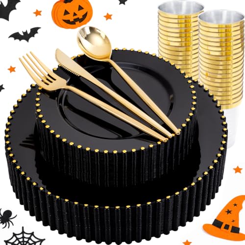 180PCS Black and Gold Plastic Plates Dinnerware Set for 30 Guests (Black and Gold Plastic Dinnerware Set / 180PCS)