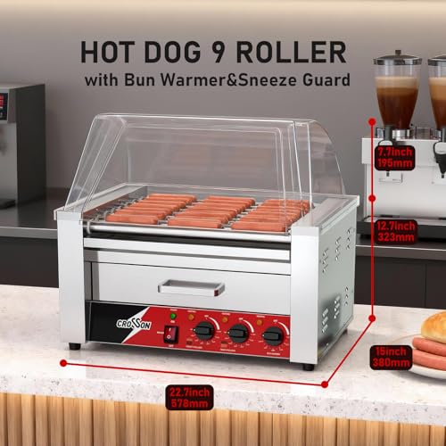 Hot Dog Roller 9 Rollers 24 Hot Dogs (9 Roller W/Cover &Bun Warmer)