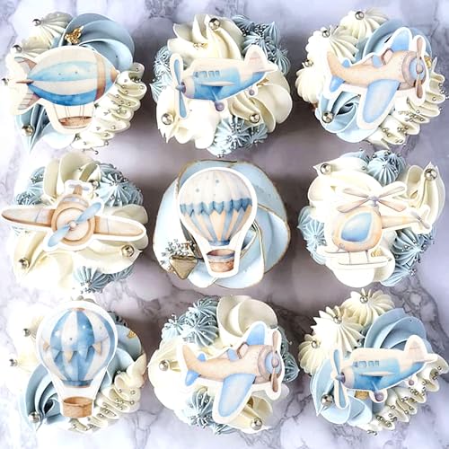 40Pcs Edible Watercolor Blue Airplanes Cupcake Toppers Edible Cartoon Hot Air Balloon Helicopter Cupcake Picks for Blue Boys Birthday Cupcake Decorations Airplane Baby Shower Cake Decorations (Edible-airplane)